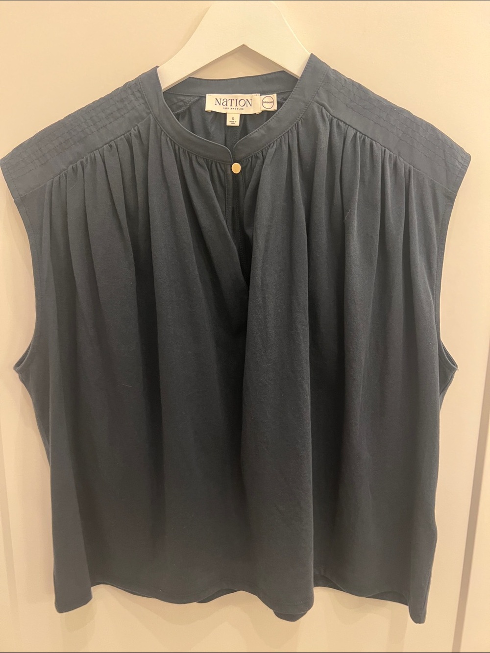 Nation LTD Navy Sleeveless Gathered Front Top with Gold Button
